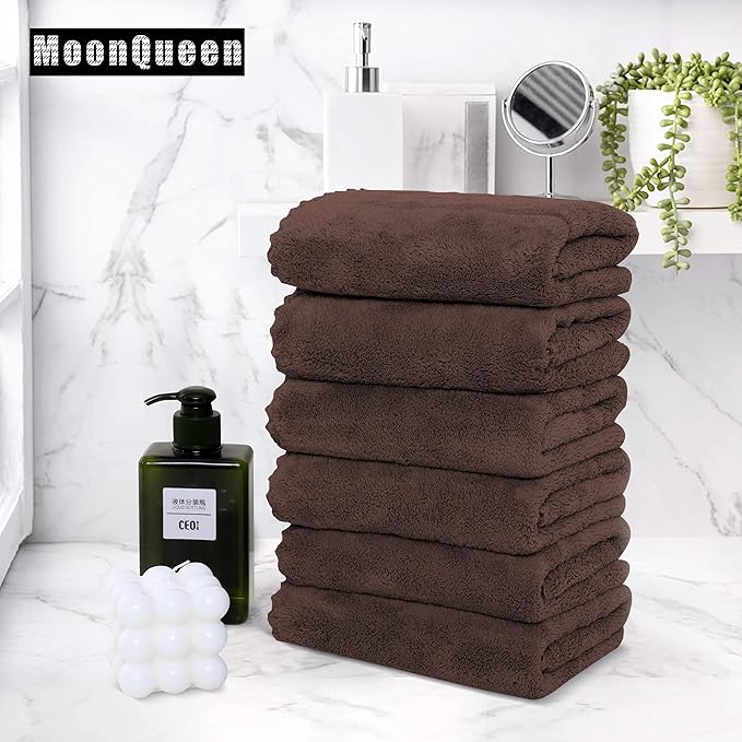 MOONQUEEN 6 Pack Premium Hand Towels - Quick Drying - Microfiber Coral Velvet Highly Absorbent Towels - Multipurpose Use as Hotel, Bathroom, Shower, Spa, Hand Towel 16 x 28 inches (Wood Brown)