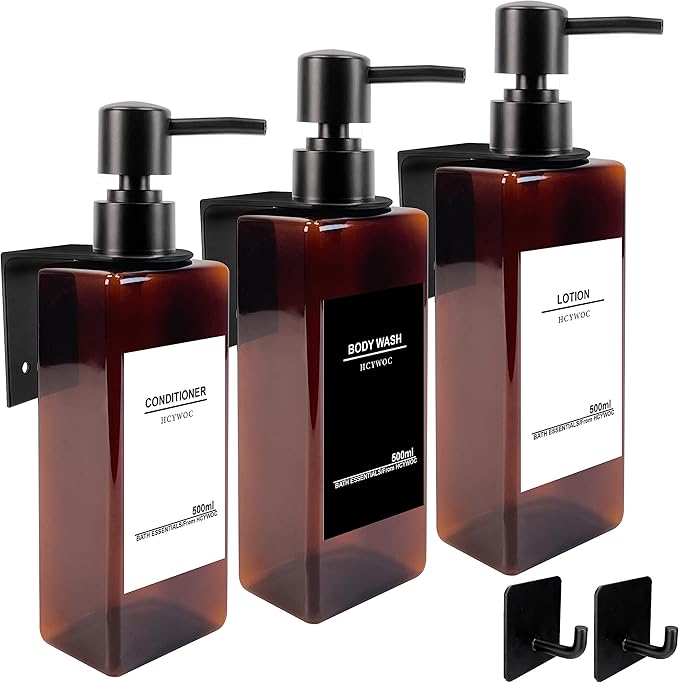 Shampoo Dispenser for Shower Wall, Shampoo and Conditioner Dispenser with 16 Waterproof Labels, No Drill Shower Soap Dispenser Bathroom, Shower Soap Dispenser Wall Mounted 3 chamber, 17oz, Black Amber