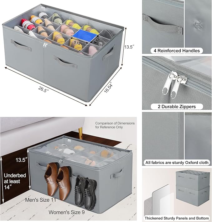TOPIA HOME Shoe Organizer for Closet 2 Pack, Foldable Shoe Box with Adjustable Dividers and Clear Cover, Space Saving Shoe Storage Organizer Cabinet with Reinforced Handles, Fits 40 Pairs, Gray, TP11G
