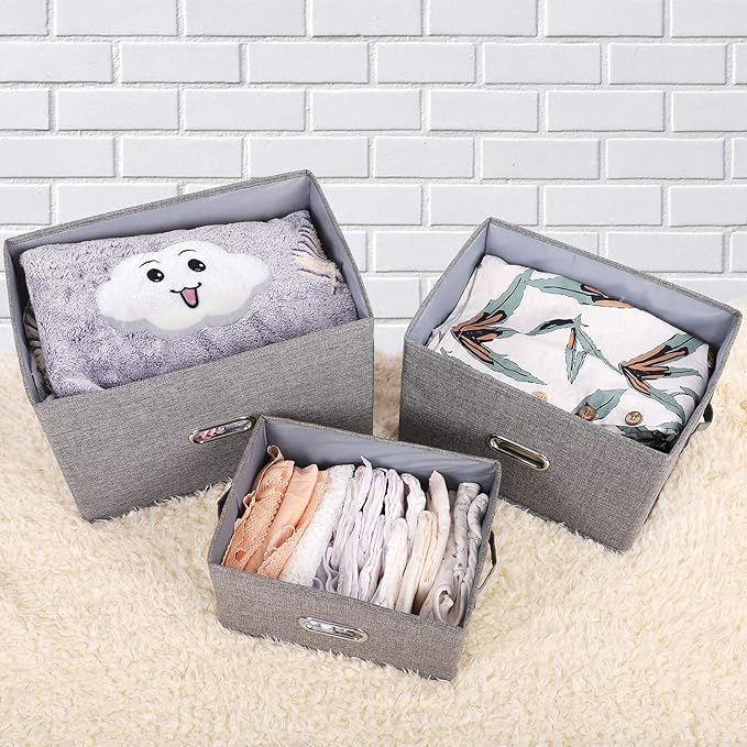 Large Linen Fabric Foldable Storage Bins with Removable Lid and Handles, Washable Storage Box Organizer Containers Baskets Cube with Cover for Bedroom