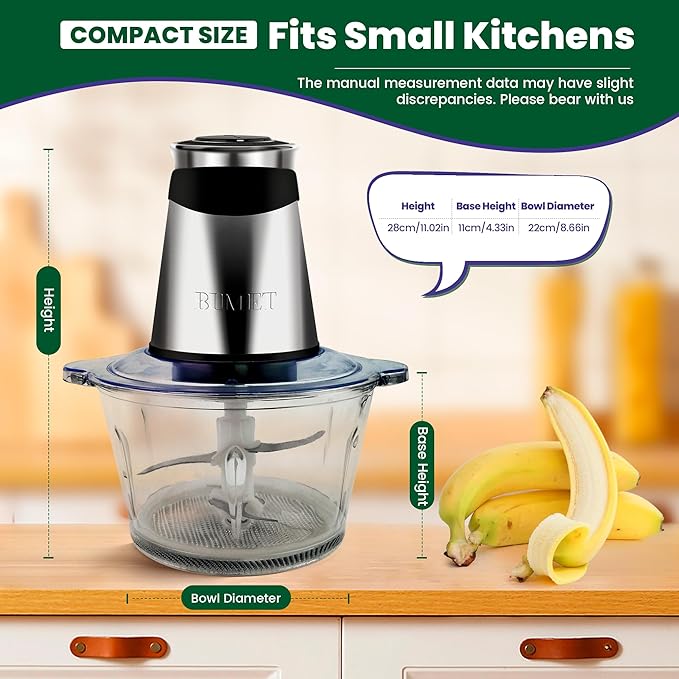 BUMET Electric food processor vegetable chopper 500W 2x8cup bowls 2 bi-layer 4 blades Small Food chopper ideal as Electric Meat grinder for home use,Mincing,chopping for kitchen aid,baby foot,pet food