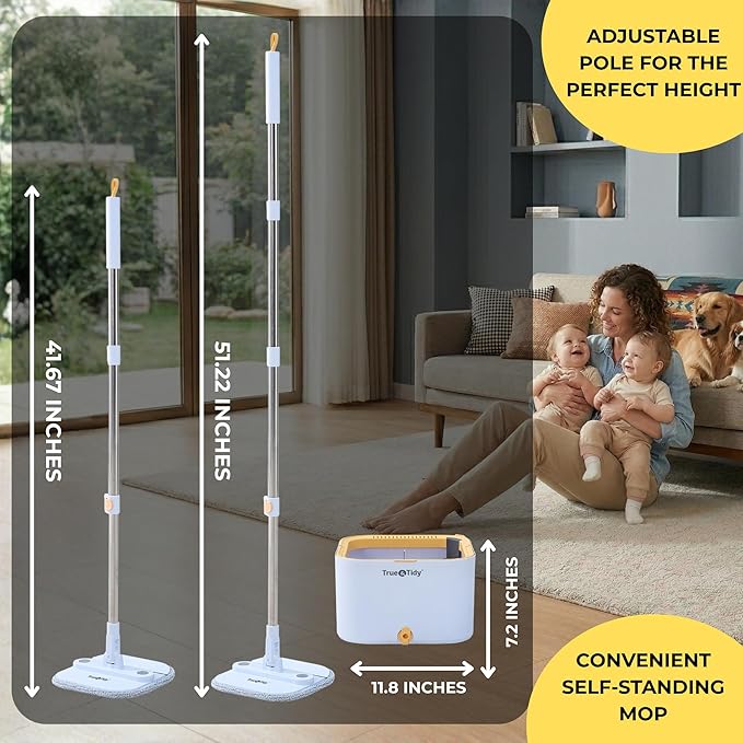 True & Tidy® TrueClean Spin Mop 2.0 w/Detachable Inner Bucket, Self Standing, Separates Clean and Dirty Water, Foldable Square Mop Head, Triple Jet Stream w/Hidden Brush, Replaceable 2pc Pads