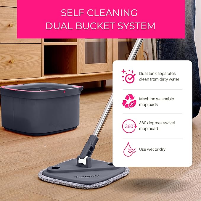 True & Tidy True Clean Spin Mop & Bucket System – Dual Compartment Design for Clean & Dirty Water, 360° Swivel Mop Head, Built-in Scrubbing Brush, Stainless Steel Handle & 2 Reusable Microfiber Pads