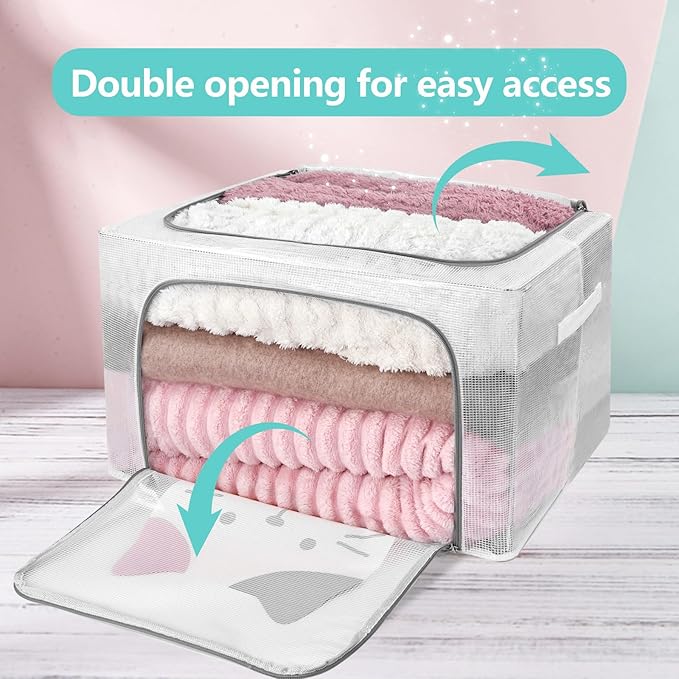 3 Pack Clear Storage Bins with Metal Frame,Waterproof Stackable Organizer Box with Durable Handles,Foldable Closet Container for Bedding, Clothes(Cute Cat,66L)