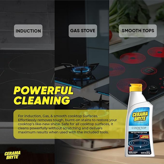 Cerama Bryte Glass Cooktop and Stove Top Cleaner Combo Kit - Includes Cleaning Tool, Razor, Scraper and 3 Pads to Remove Tough Stains - Use on Gas