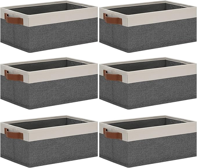 GhvyenntteS Small Fabric Storage Bins with Handles 6 Pack, 11.8" x 7.87" x 5.11" Storage Baskets for Shelves, Baskets for Organizing Clothes Underwear Socks Hats DVDs (Grey/White)