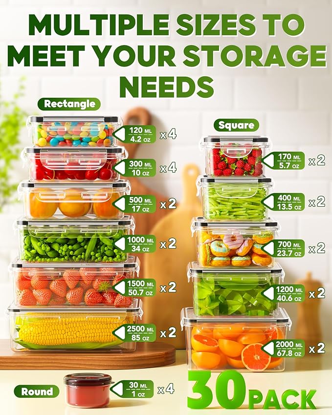 KEMETHY 60 PCS Food Storage Containers with Lids, BPA-Free Plastic Food Containers for Kitchen Storage, Leak Proof, Reusable Meal Prep Containers with Labels & Pen