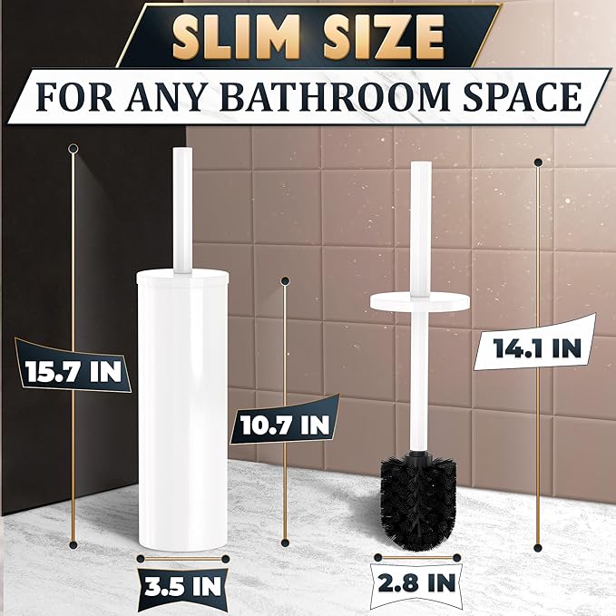 Stainless Steel Toilet Brush and Holder Set White - Long Handle Toilet Bowl Cleaner Brush and Holder - Removable Inner Liner, Shiny Design, Splash Protection & Dense Bristles for Bathroom Cleaning