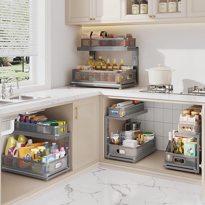 2 Pack 18.5IN-Depth Under Sink Organizer With Next-Gen Ball-Bearing Slides,2-Tier Precision Mesh Pull Out Cabinet Storage for Bathroom&Kitchen,Height Adjustable Drawers Shelf,Anti-rust-Grey