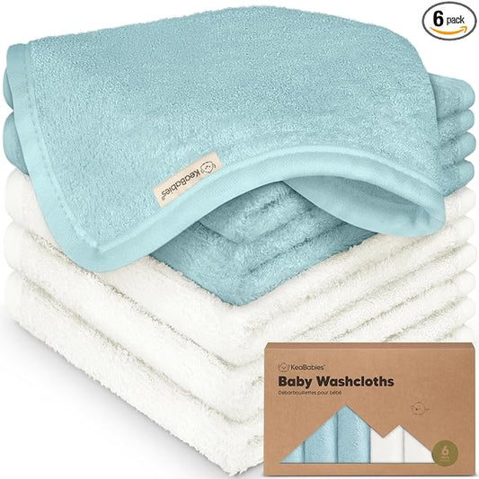6-Pack Baby Washcloths – Soft Absorbent Viscose from Bamboo Washcloths for Face, Body, Baby Towels for Newborn, Kids, Toddlers, Infant, Gentle on Sensitive Skin, 10x10 Reusable Face Towels (White/Sky)