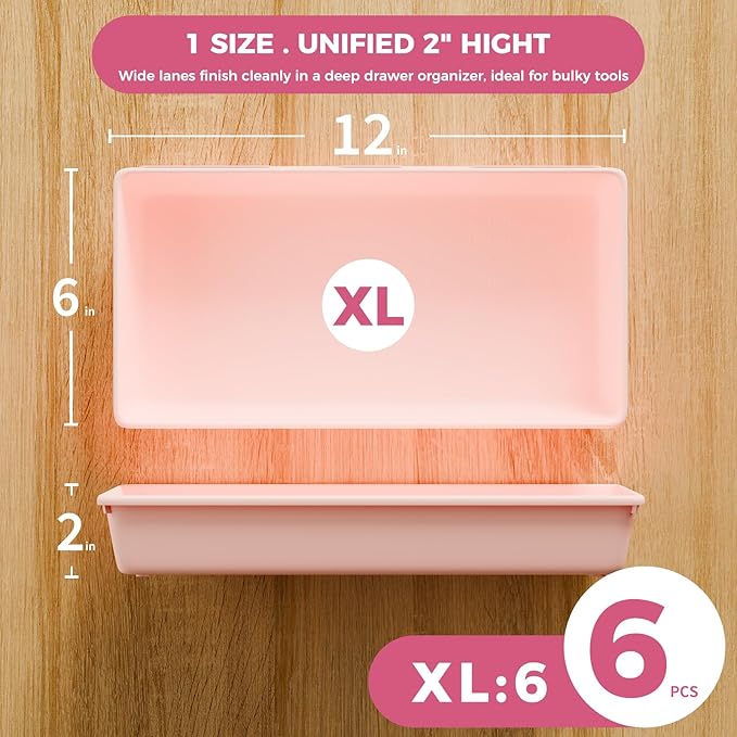 Pink Drawer Organizer Trays with Non-Slip Pads, 6 PCS Extra-Large