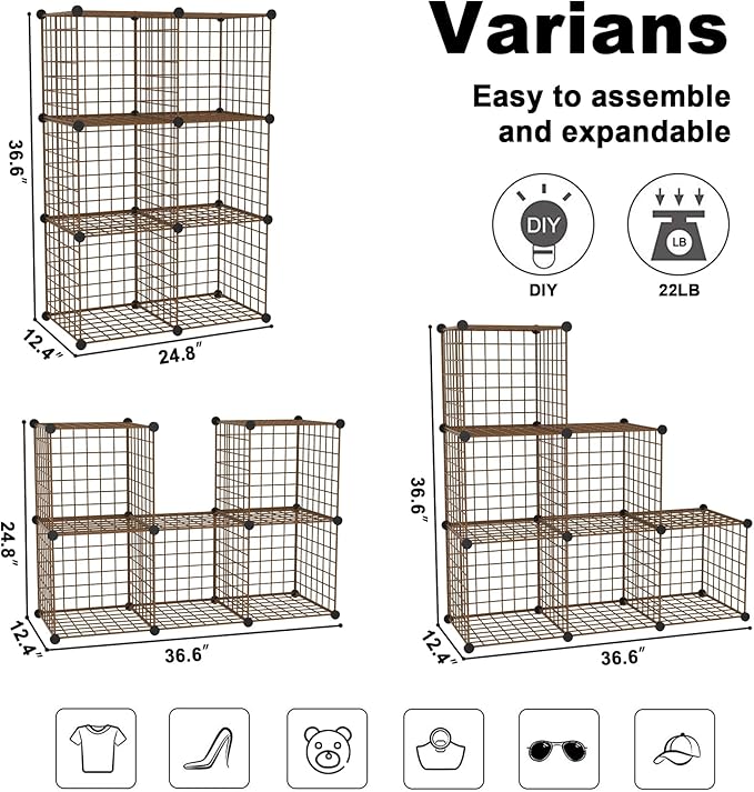 Wire Cube Storage, 6, Cube Organizer Metal C Grids, Brown UWCS3006R