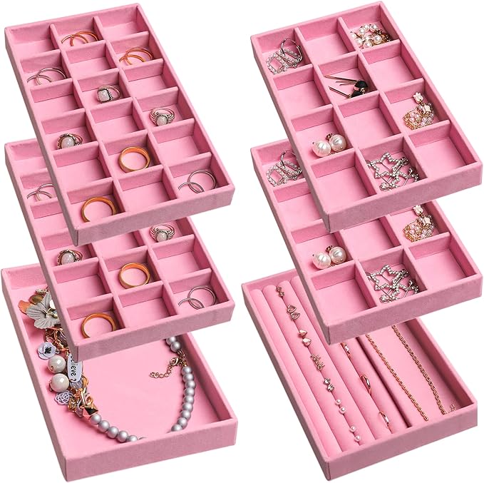 Frebeauty Jewelry Organizer Tray,Stackable Velvet Jewelry Trays,Drawer Inserts Earring Organizer For Women Jewelry Storage Display Case for Rings Stud Necklaces,Set of 6(Pink)