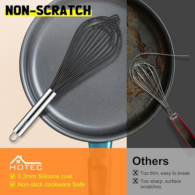 HOTEC 4 Pieces Silicone Whisks Set, Wire Balloon Whisks Egg Beater, Non-slip Handle Whisk for Non-stick Cookware Perfect for Cooking, Stirring, Beating and Blending (Black)