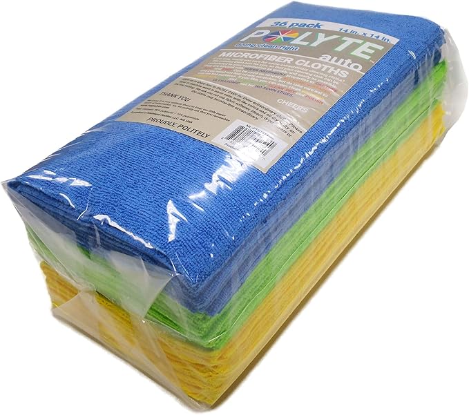 POLYTE Microfiber Cleaning Cloth Ultrasonic Cut Edgeless, 14 x 14 in (36 Pack, Blue,Green,Yellow)