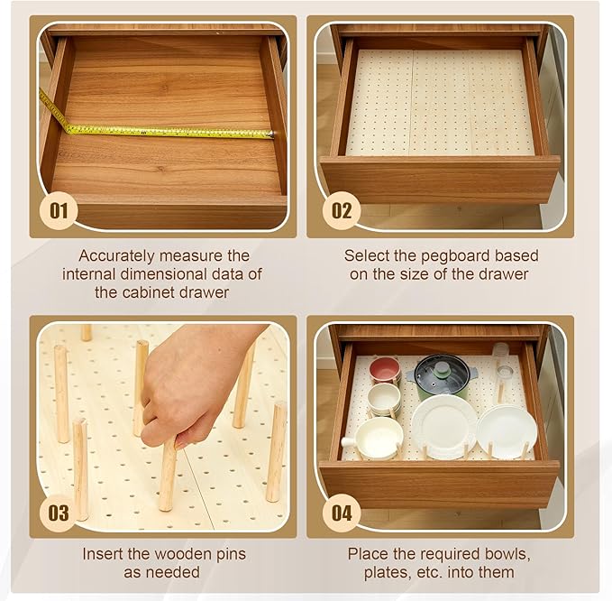 Kigley 3 Pcs Wood Pegboard Drawer Organizer - 32 Pegs, Adjustable for Dishes & Cookware