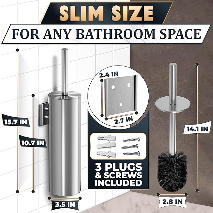 Silver Modern Toilet Brush and Holder Set with Wall Mount - Stainless Steel Toilet Brush with Holder - Removable Inner Bowl, Shiny Design, Splash Protection & Dense Bristles for Bathroom Cleaning