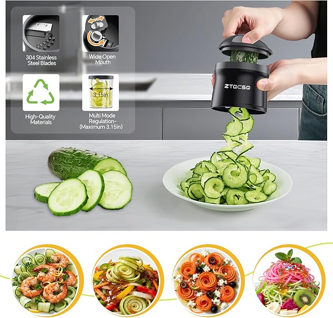 4 in 1 Vegetable Spiralizer Slicer, Adjustable Thickness 0-3mm, Zucchini Spiralizer Veggie Noodle Maker for Cucumber/Zoodle/Salad/Spaghetti/Pasta with Food Container, Cleaning Brush, Gray