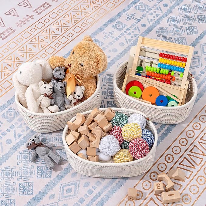 Rectangle Woven Cotton Rope Organizer, Small Rainbow Basket for Kids
