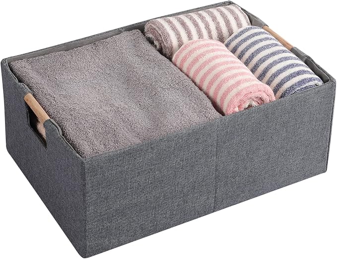 Fabric Storage Bin Box Foldable Cotton Linen Storage Basket with Wooden Handles Rectangular Cube Decorative Home Laundry Organizer Clothes Blanket Container - Grey, Small
