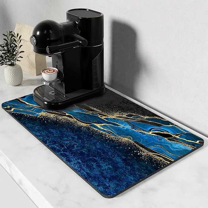 Dish Drying Mat for Kitchen Counter, Blue and Gold Marble Washable Absorbent Quick Dry Pad with Rubber Backing, Draining Mat for Dishes Coffee Table, 12" x 20"
