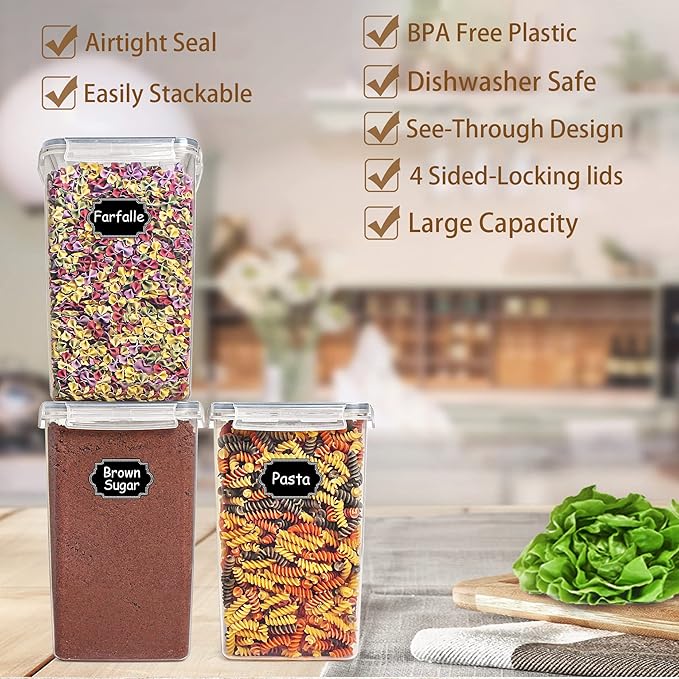 Wildone Extra Large Tall Airtight Food Storage Containers 6.5L/ 5.9QT, Plastic BPA Free Kitchen Pantry Storage Containers 4 Pieces for Flour, Sugar, Rice, with 20 Labels & 1 Marker, Gray