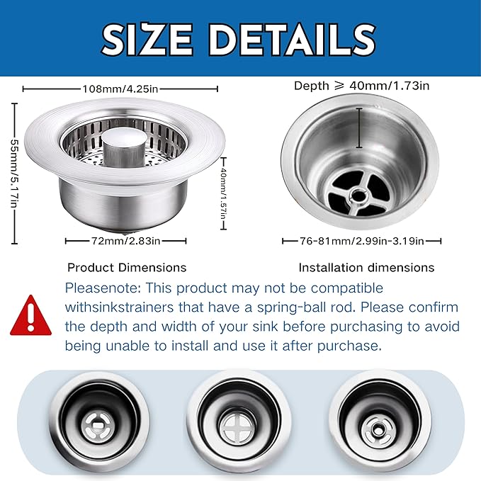 3-in-1 Kitchen Sink Drain Strainer Stopper, Pop Up Kitchen Sink Stopper, Stainless Steel Universal Kitchen Drain Strainer with Food Catcher Basket