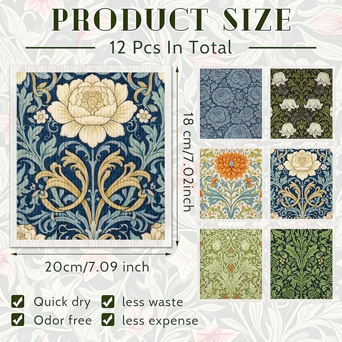 Mifoci 12 Pcs William Morris Swedish Kitchen Dishcloths 7 x 8 Inch Reusable Vintage Floral Dish Towels Absorbent Cotton Cleaning Cloths for Kitchen Cleaning Wipes Housewarming