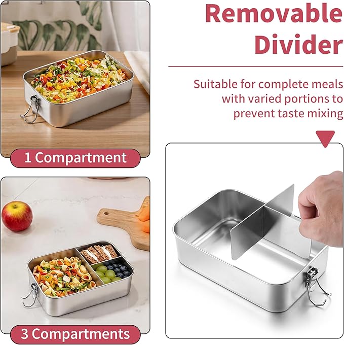 TeamFar Stainless Steel Bento Box, 3 Pack (18.6 & 28 & 47oz) Metal Lunch Box with 3 Compartments for Adults/Kids, Lunch Food Containers for School/Work/Meal Prep, Leak-Proof, 550ML+850ML+1400ML