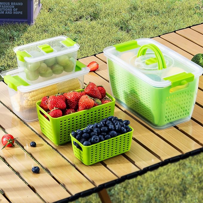 LUXEAR Produce containers for fridge,3 Set Fruit Containers with Removable Colander, BPA-Free Produce Saver Containers with Lids Dishwasher&Microwave Safe Keep Fruits, Vegetables, Berry, Fresh Longer
