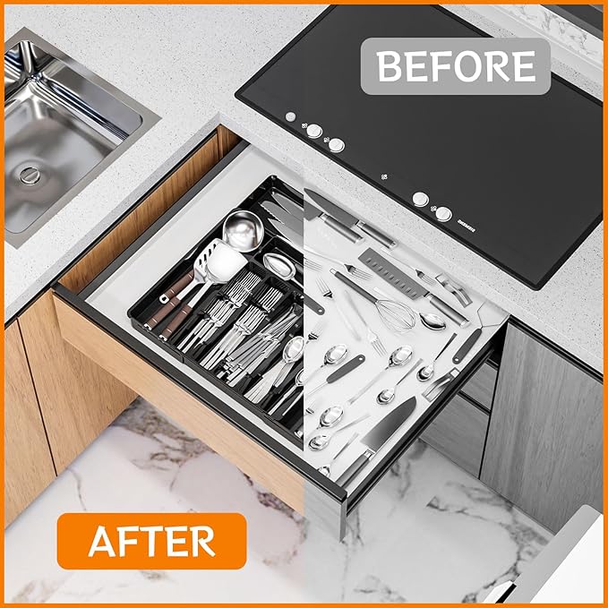Black Expandable Silverware Drawer Organizer, Adjust From 11'' to 22'', Knife