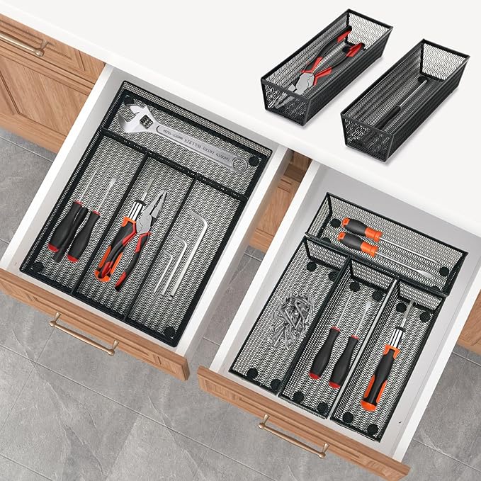 Neudeco Drawer Organizer Set 5 Pack - 4-Compartment Silverware Organizer Tray + 4 Utensil Trays, Kitchen Drawer Organizer for Flatware, Cutlery, Office Supplies, Black Mesh, Non-Slip.