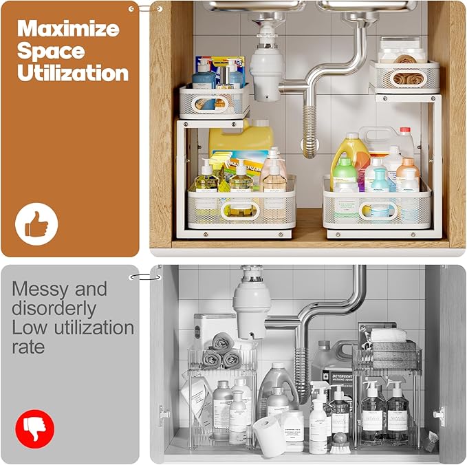 2 Pack Under Sink Organizer With Smooth Cylindrical Rail,2-Tier Pull Out Multi-Purpose Cabinet Storage for Bathroom&Kitchen,Height Adjustable,Rust-resistant Coating-White