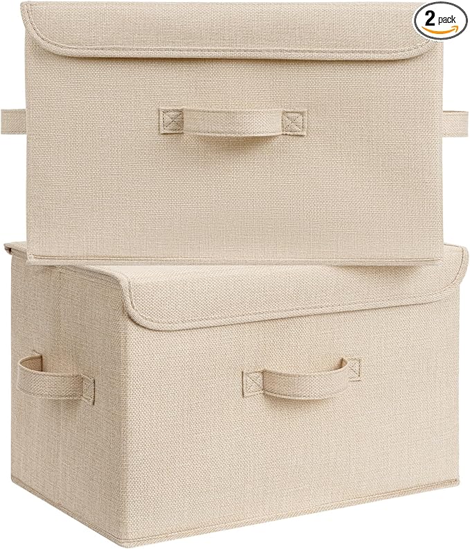 GRANNY SAYS Stoarge Basket with Lid, Decorative Storage Boxes, Closet Storage Bins for Clothes, Collapsible Stackable Organization, Khaki, 2-Pack