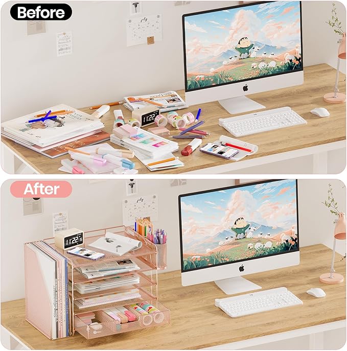 Desk Organizer, 5-Tier Paper File Organizer with Drawer & Pen Holder, Rose Gold