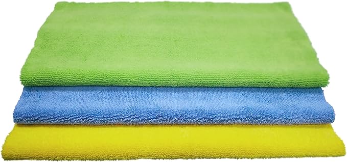 POLYTE Microfiber Cleaning Towel Ultrasonic Cut Edgeless (16x16, 24 Pack, Premium, Blue,Green,Yellow)