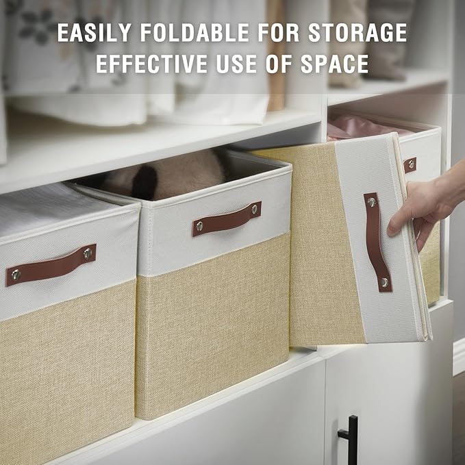 Bagnizer Collapsible Fabric Storage Cube Bins with 2 Reinforced PU Handles, Foldable Storage Organizer Baskets for Closet, Shelves, Living Room | 13"x13"x13", 4 Pack, Beige & White