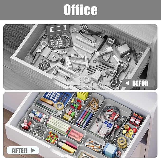 18 pcs Desk Drawer Organizer Tray, Multiple Sizes Plastic Drawer Organizer Storage, Stackable Organizer Containers For Makeup, Bedroom, Kitchen Gadgets Utensils and Office