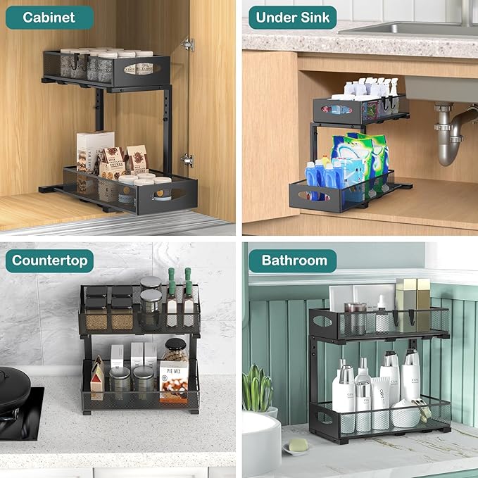 Housolution 2 Pack Under Sink Organizer, 2 Tier Metal Pull Out Under Sink Storage with Sliding Mesh Drawers