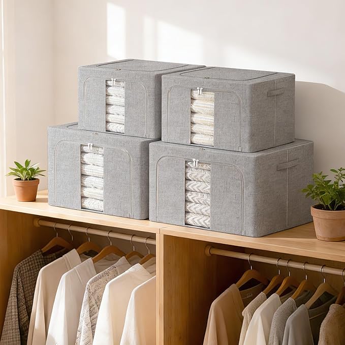 Amiya Clothes Storage Bins with Metal Frame,3-Pack Foldable Linen Fabric Storage Box with Lids, Stackable Organization and Storage Bins with Clear Window,Zippers,Handles(Grey,24L)