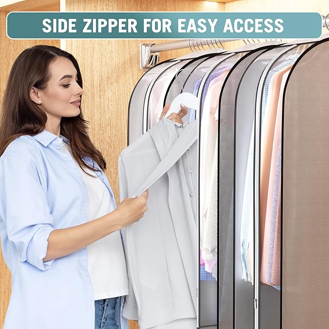 Liuoud 10" Gusseted Garment Bags for Hanging Clothes 60" Suit Bags for Open Closet Storage, Side Clear Clothing Cover for Coat, Dress, Jacket, Shirt, Fur Wardrobe Protector, 3 Packs, Grey
