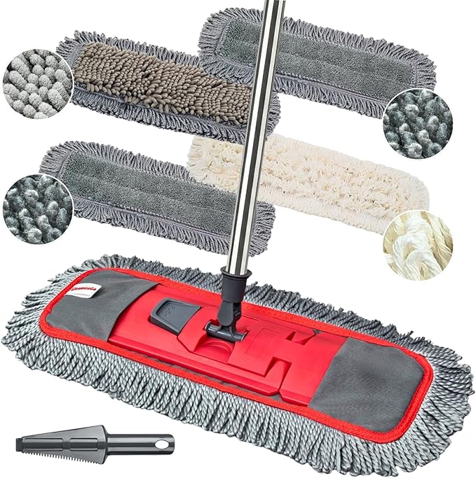 Dust Mop for Floor Cleaning with 4-in-1 Washable Pad System, Wet & Dry Multi-Purpose Mop with Built-In Scraper and Extra-Long 62'' Stainless Steel Handle for Hardwood,Vinyl,Laminate,Tile,Marble Floors