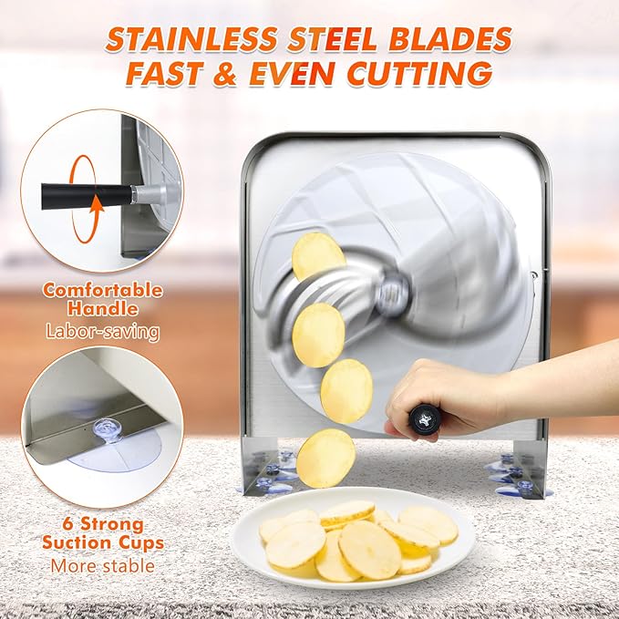 Anatole Commercial Vegetable Slicer Stainless Steel 0-0.4'' Thickness Adjustable Manual Veggie Fruit Cutter for Tomato Onion Potato Cabbage Lime Orange