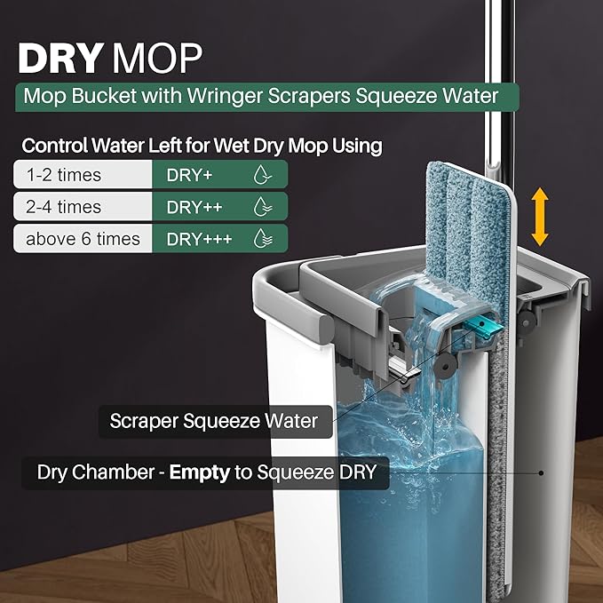 JOYMOOP Mop and Bucket with Wringer Set, Hands Free Flat Floor Mop and Bucket, 60" Mop with 5 Reusable Microfiber Pads, Wet and Dry Use, Floor Cleaning System