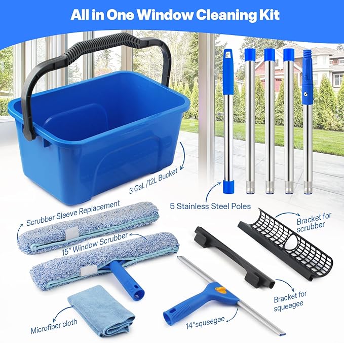 Professional Window Cleaning Kit with Bucket 3 Gallon, 76" Long Handle Window Squeegee and Microfiber Scrubber, High Windows Washing Equipment