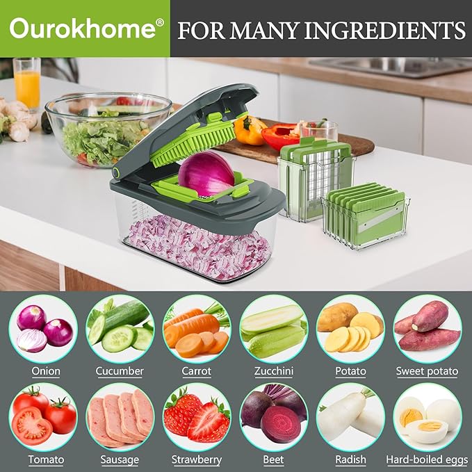 Ourokhome Food Chopper Manual Hand with Container, Mandolin Vegetable Slicer Onion Dicer with 8 Blades, Veggie Shredder for Potato, Tomato, Essential Kitchen Gadgets (8 in 1, Gray)