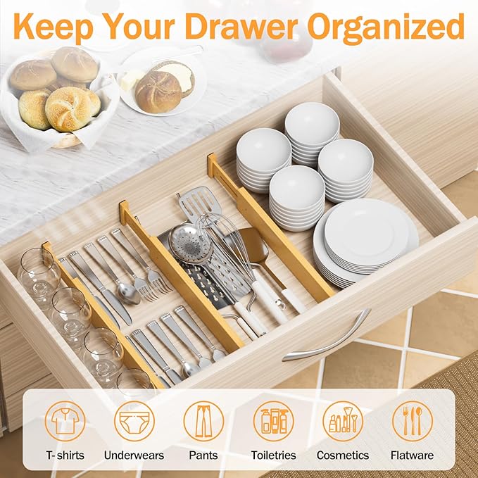 Bamboo Drawer Dividers, Adjustable Expandable Drawer Organization Separators