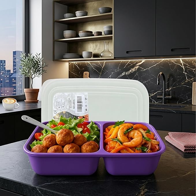 Neez 4-Pack Reusable Bento Box Lunch Containers- 3 Compartment Divided Lunch Organizer, Meal Prep Lunch Box with Lids, Microwave Safe & Sectioned Food Containers(48oz Green & Purple)
