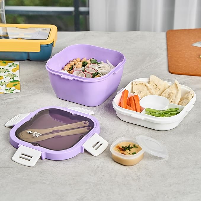 Restaurantware-Bento Tek 57.5 Ounce Bento Box, 1 Reusable Lunch Container - With Fork And Knife, Does Not Contain BPA, Purple And White Plastic Reusable Lunch Box, Microwavable, Dishwashable
