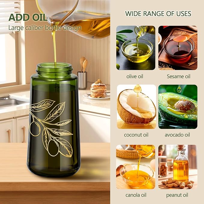 Glass Olive Oil Sprayer for Cooking, Oil Mister Continuous Cooking Spray with Portion Control for Kitchen 220ml/7.5 oz (Olive Green & Gold Print)